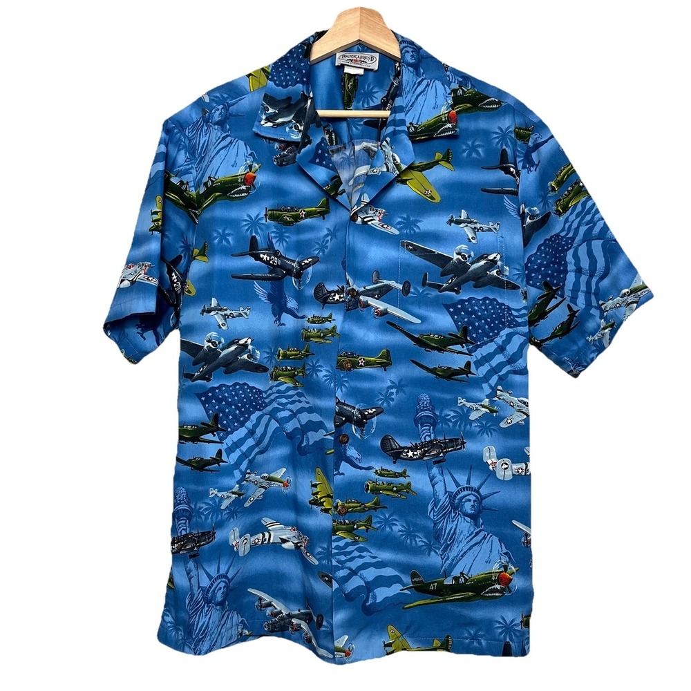 VTG Pacific Legend Mens Hawaiian Patriot‎ WW2 War Airplanes Shirt Size Large USA